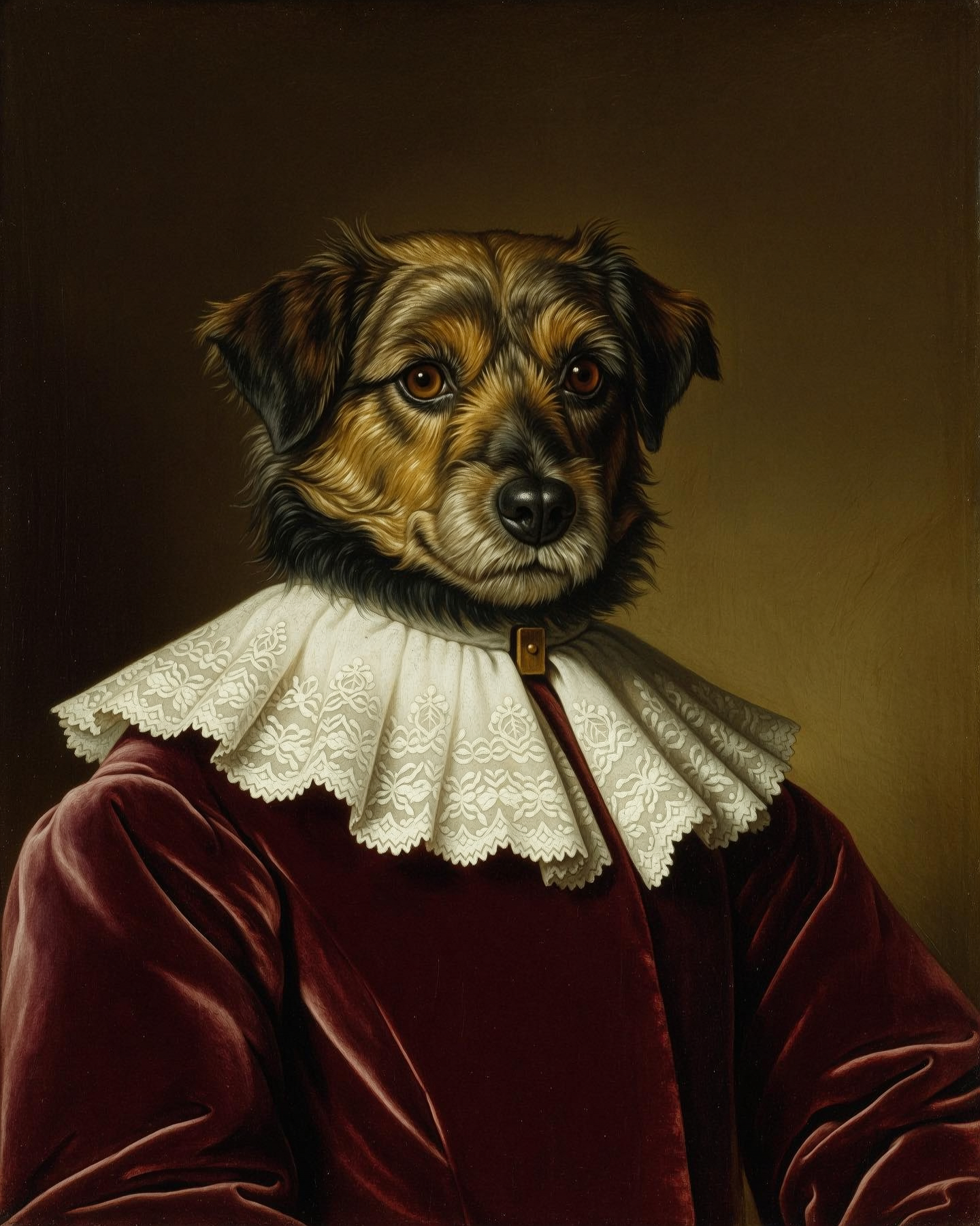 A renaissance pet portrait that is unmistakably your dog, not a generic one