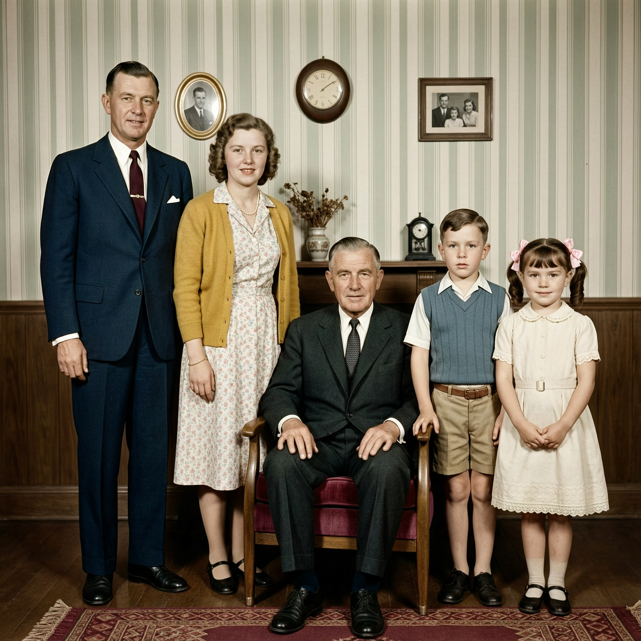 A 1953 family photo restored and colourised: creases gone, faces untouched